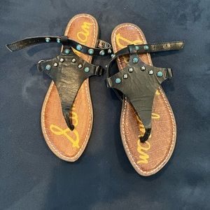 Sam Edelman black sandals with beautiful blue design. My favorite sandals.